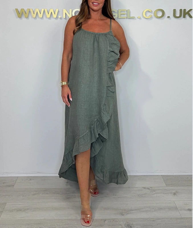 Damen luftiges Maxikleid mit asymmetrischem Saum und feinen Rüschendetails Stalluxe