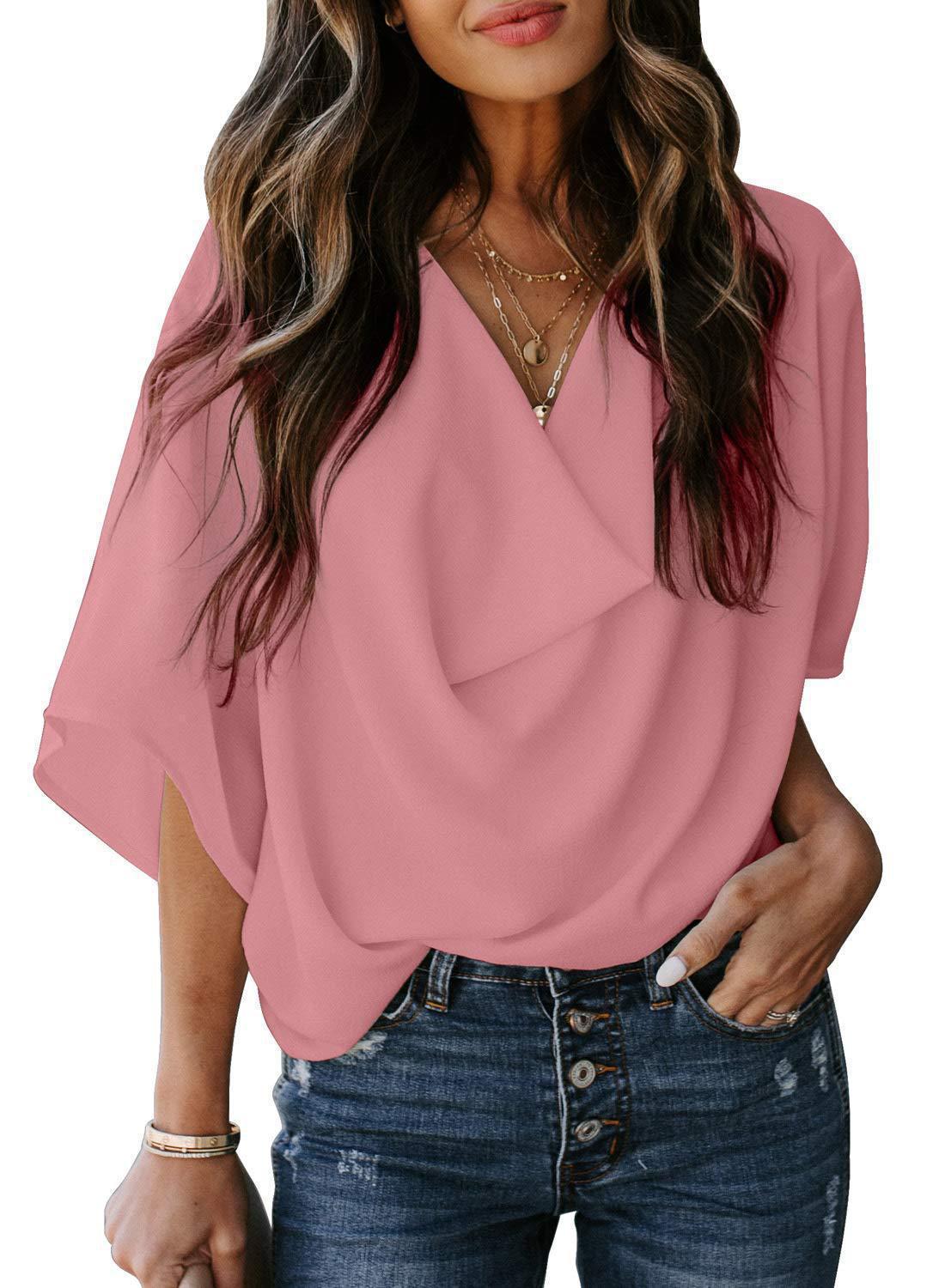 Damen elegante Bluse mit drapiertem V-Ausschnitt und weit geschnittenen Ärmeln Stalluxe