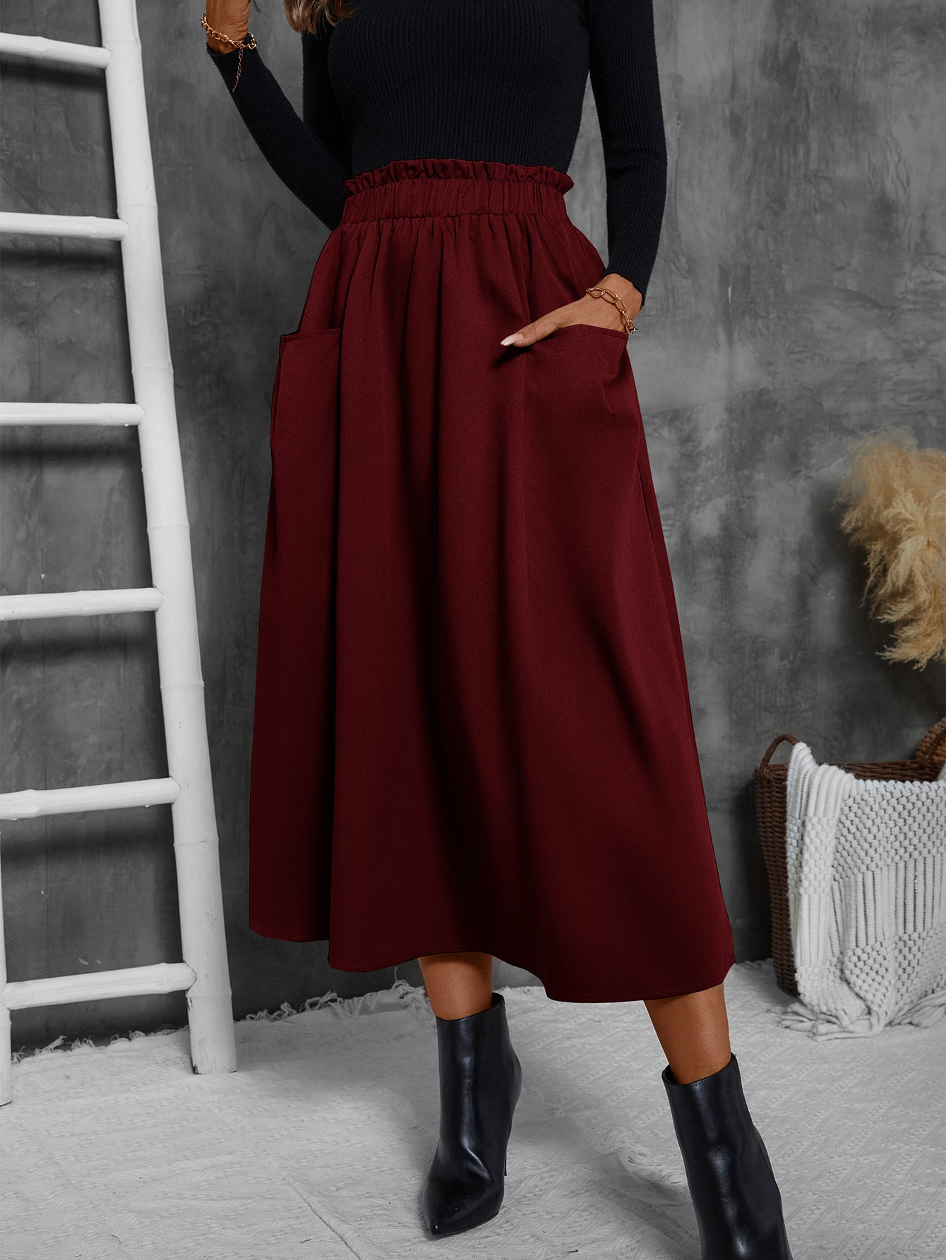 Damen Luftiger Midirock mit elastischem Bund und praktischen Taschen Stalluxe