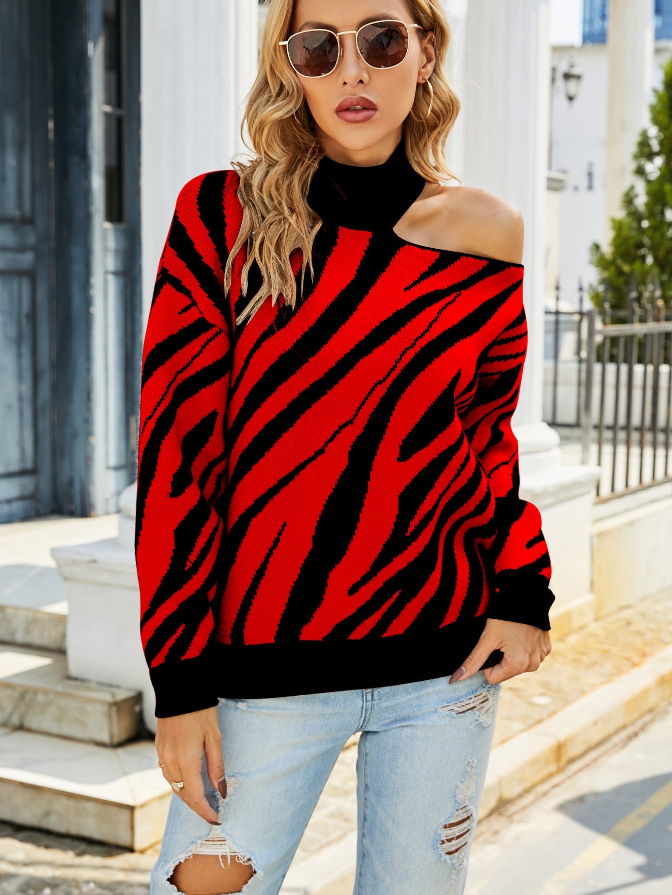 Damen Gemusterter Pullover mit asymmetrischem Ausschnitt und Rippstrick Stalluxe