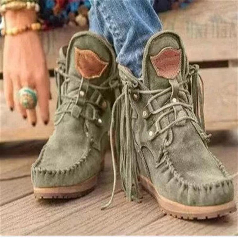 Damen Mokassinstiefel mit modischen Fransen und eleganten Schnürungen Stalluxe