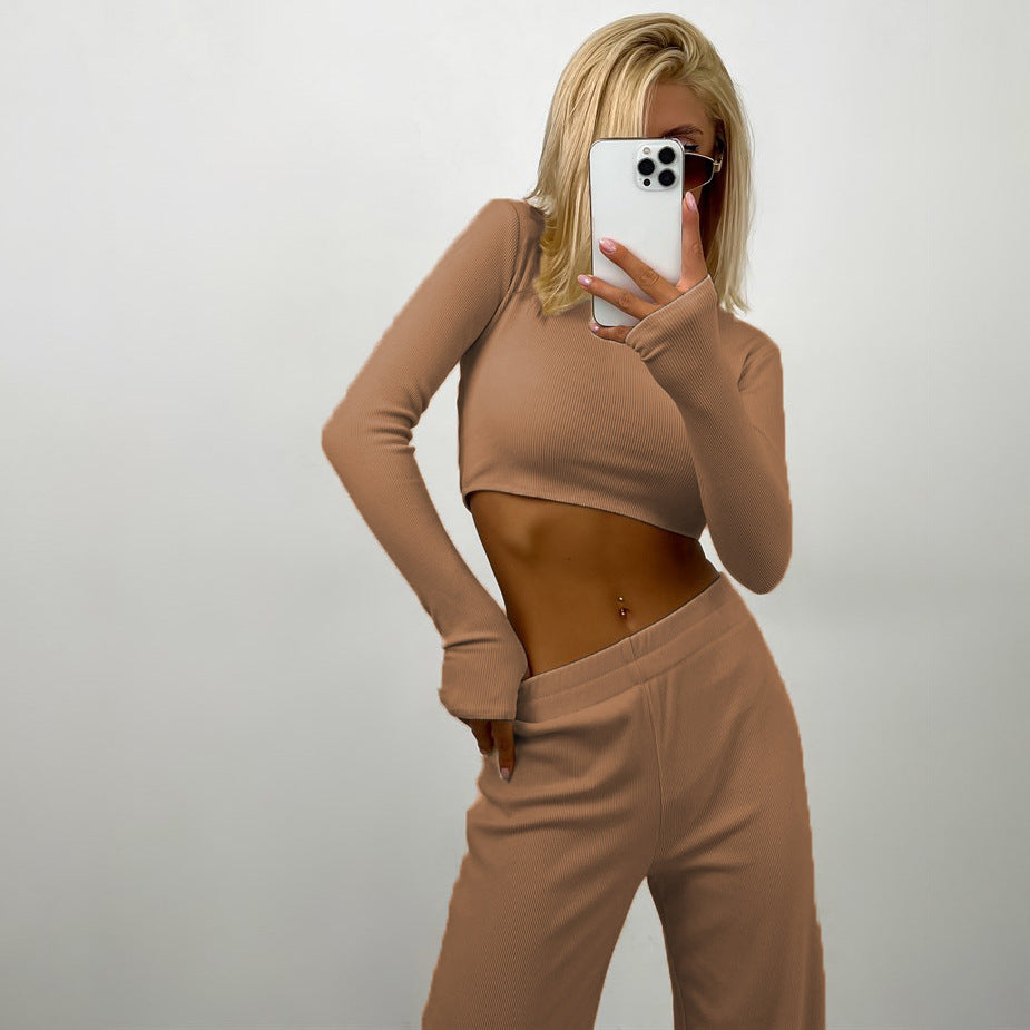 Damen cropped Set mit langen Ärmeln und elastischen Hosen Stalluxe