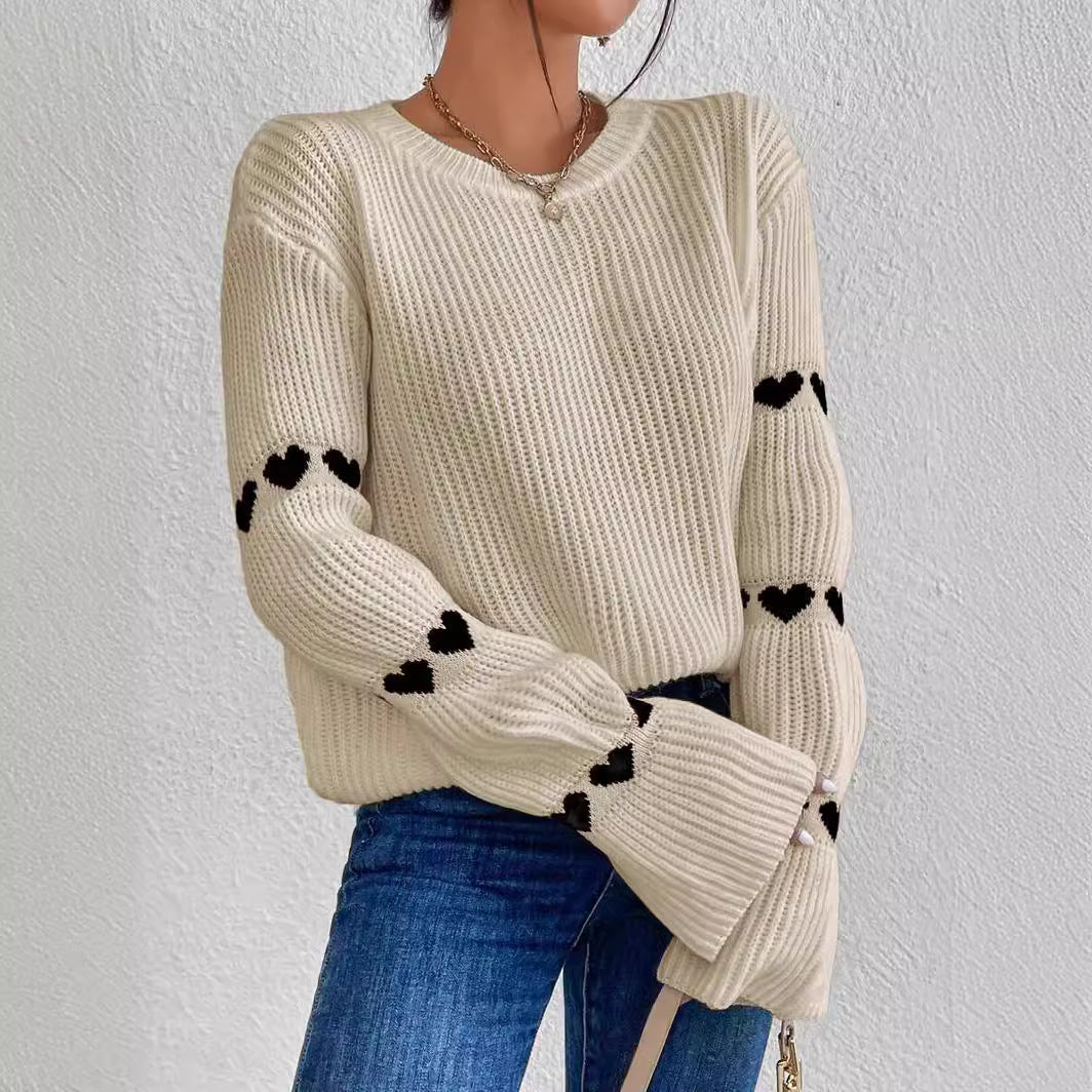 Damen lässiger Strickpullover mit Herzmuster und weitem Arm Stalluxe