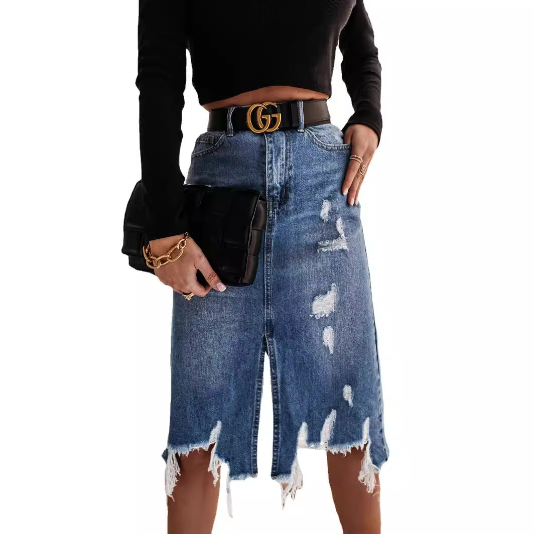 Damen Midi-Denim-Rock mit fransigen Details Stalluxe