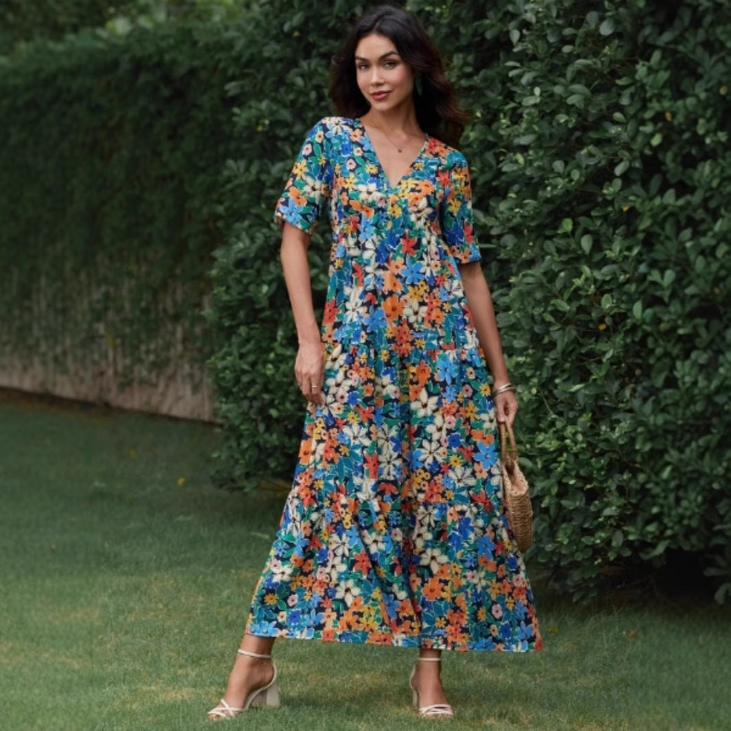 Damen Maxikleid mit voluminösen Rüschen und modischem V-Ausschnitt Stalluxe