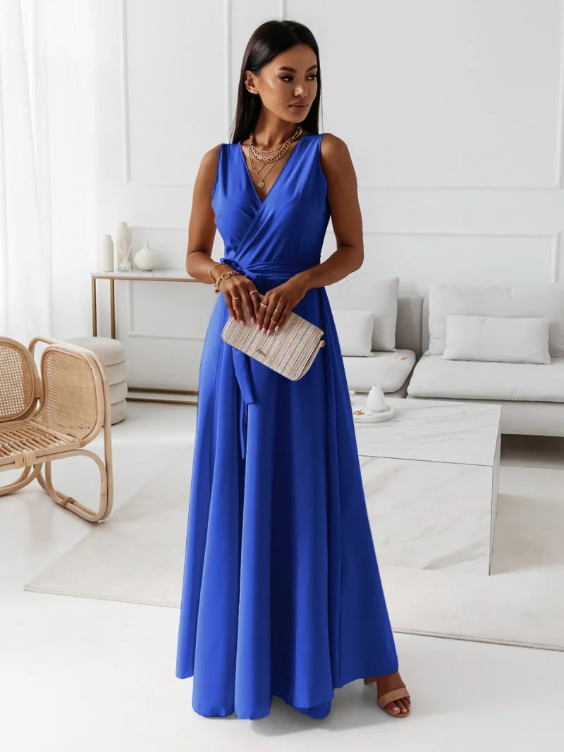 Damen Wickel-Maxikleid mit tiefem V-Ausschnitt und fließendem Schnitt Stalluxe
