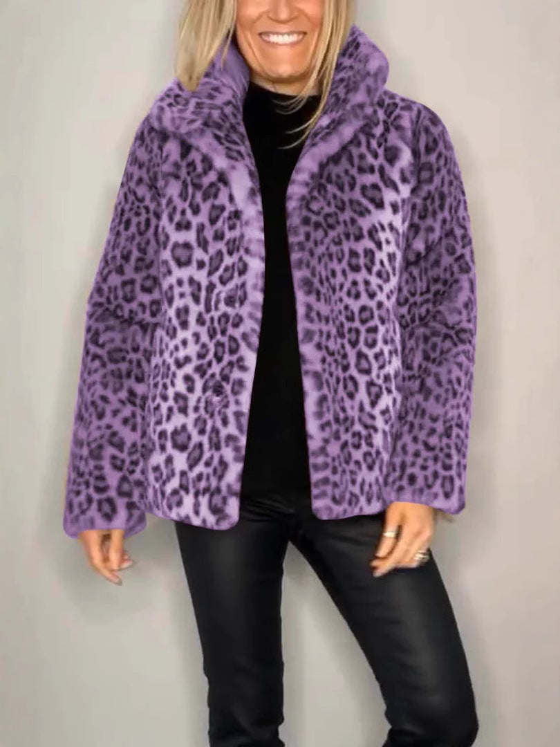 Damen Flauschige Leopardmuster Jacke mit hohem Kragen Stalluxe