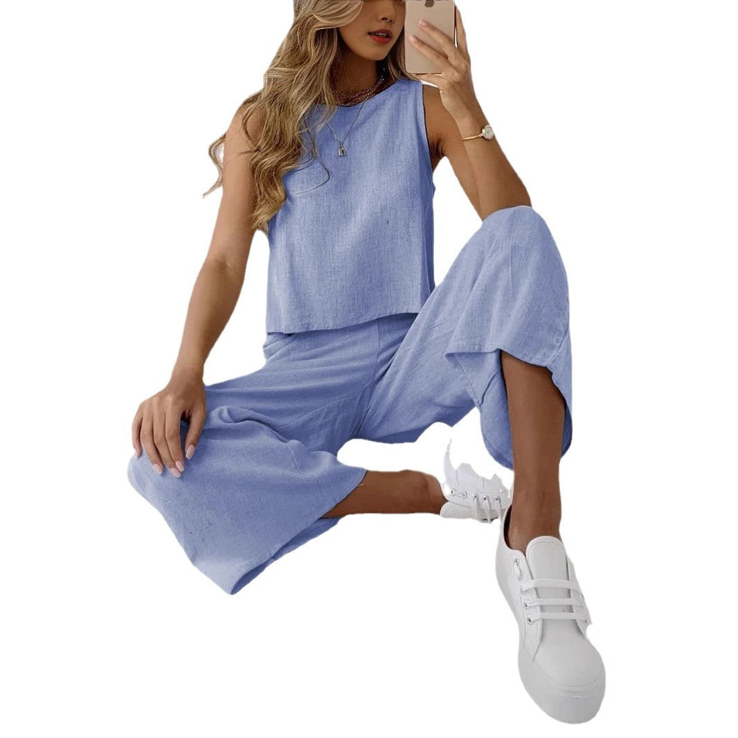 Damen Lässiges Zweiteiliges Set aus weichem Leinenstoff mit weitem Schnitt und elastischem Bund Stalluxe