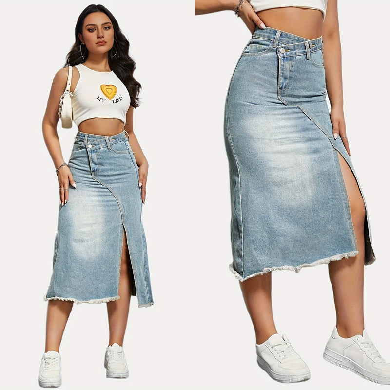 Damen Jeansrock mit asymmetrischem Schnitt und hohen Seitenschlitzen Stalluxe