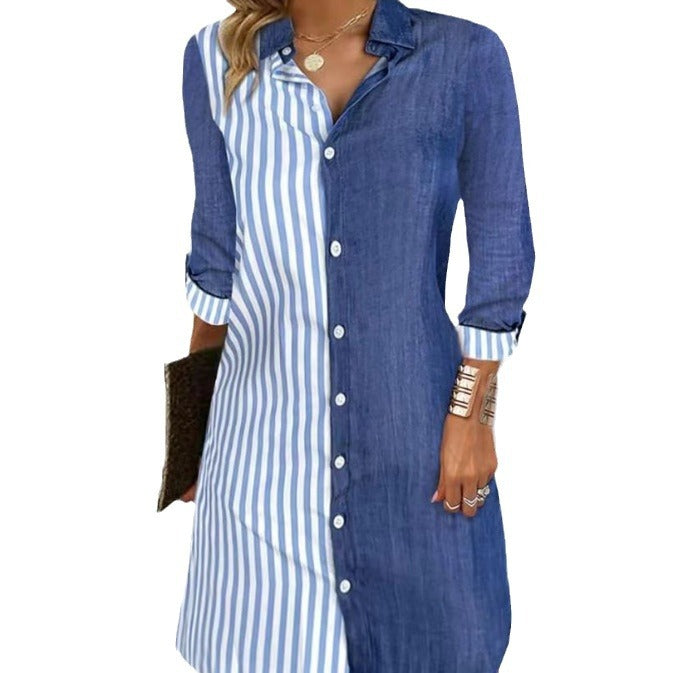 Damen Hemdblusenkleid mit diagonalen Streifen und klassischen Knöpfen Stalluxe
