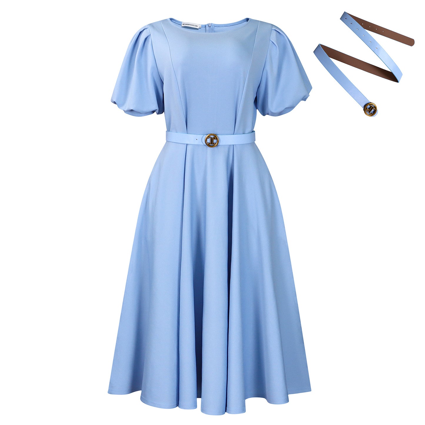 Damen Midi-Kleid mit voluminösen Puffärmeln, elegantem Taillengürtel und schwingendem Rock Stalluxe