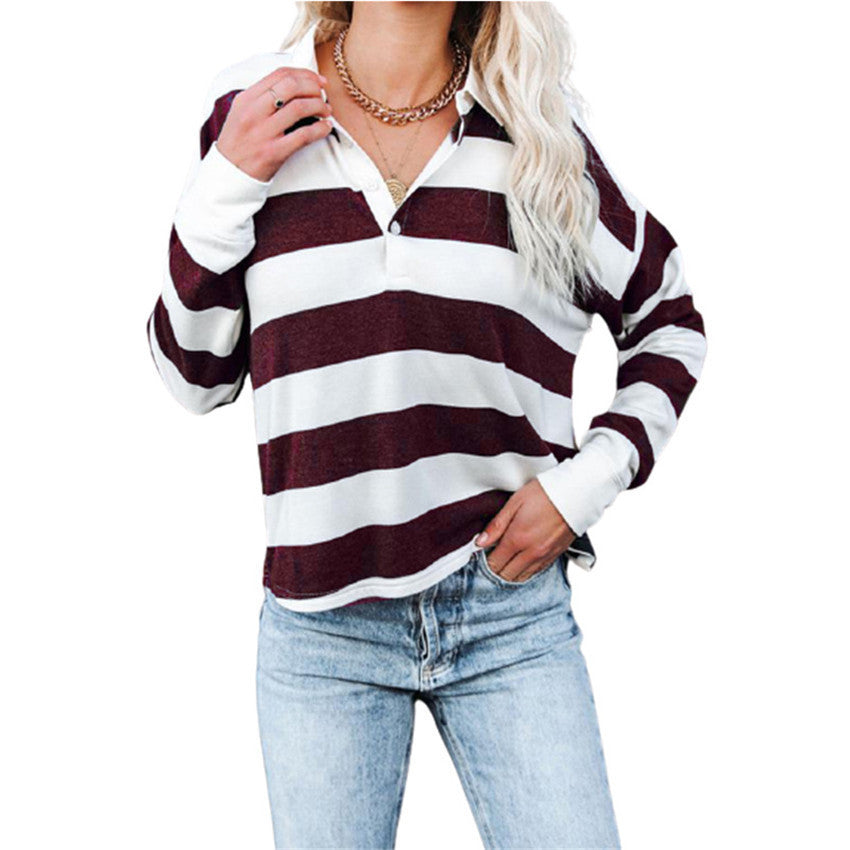 Damen lässiges Langarmshirt mit Streifenmuster und Knopfleiste Stalluxe