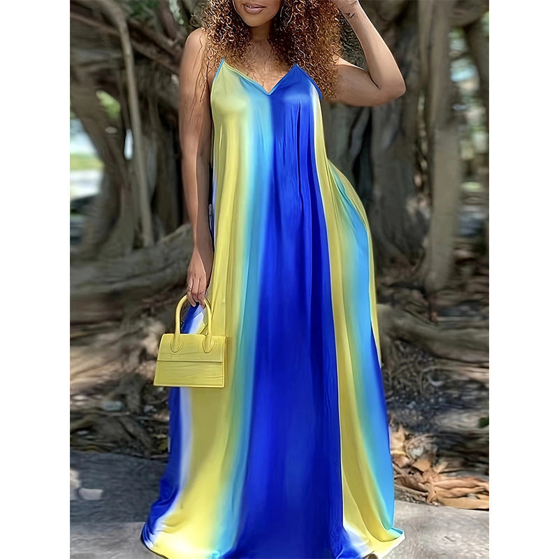 Damen Maxikleid mit fließendem Farbverlauf und zarten Spaghettiträgern Stalluxe