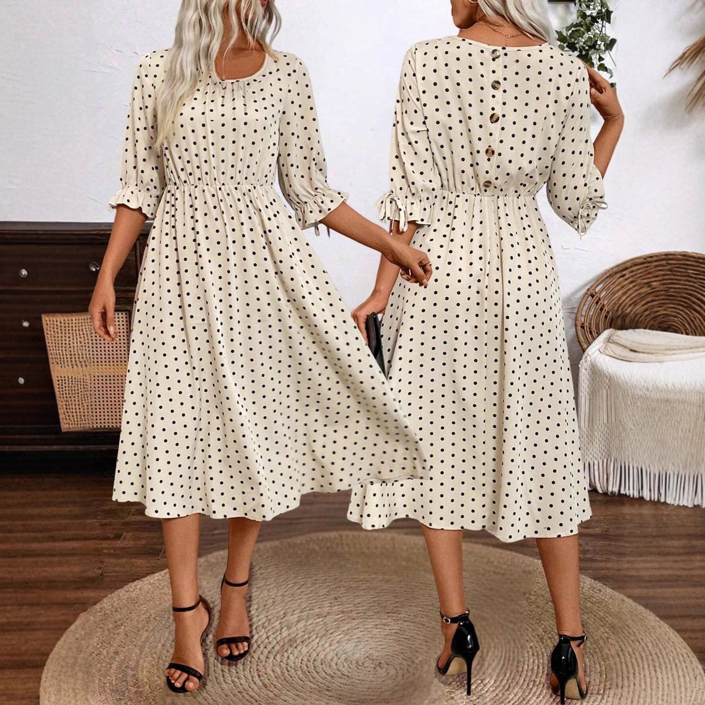 Damen Midikleid mit dekorativen Puffärmeln und elastischem Taillenbund Stalluxe