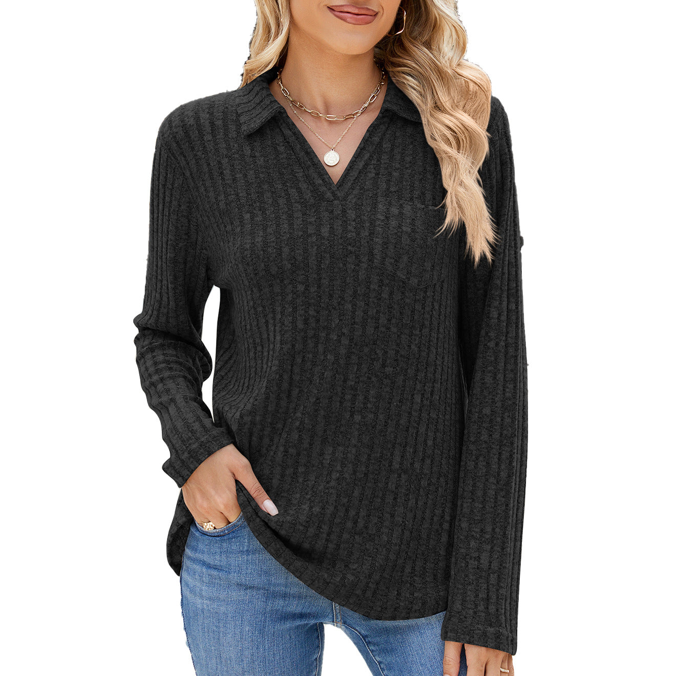 Damen Langarm Poloshirt mit feinem Rippenstrukturdesign Stalluxe