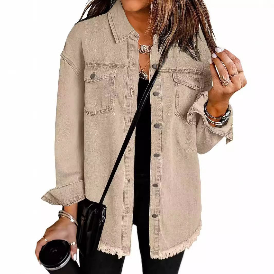 Damen lässige Jeansjacke mit fransigen Säumen und aufgesetzten Taschen Stalluxe