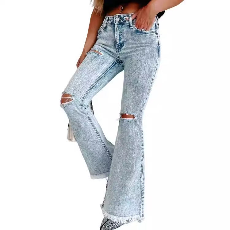 Damen Flared Jeans mit modischen Fransen und Rissen Stalluxe