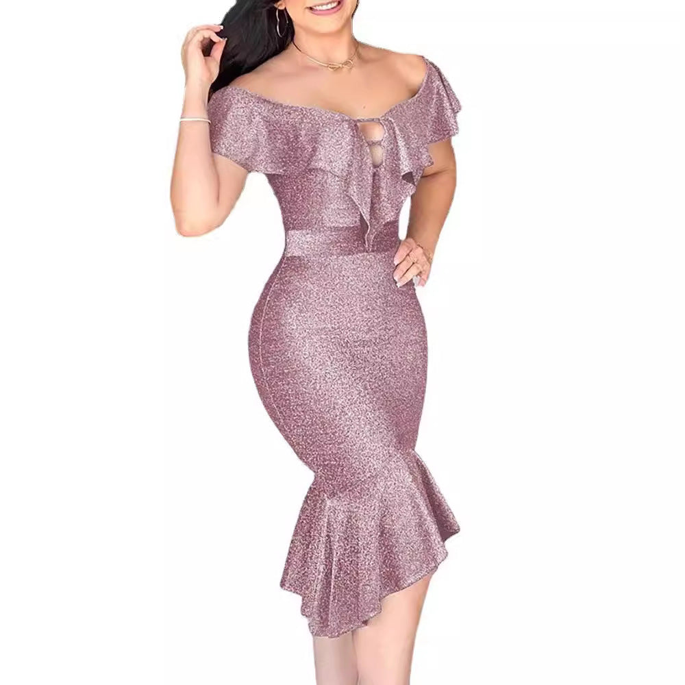 Damen Glitzerndes Midi-Kleid mit Rüschen und Schlitz Stalluxe