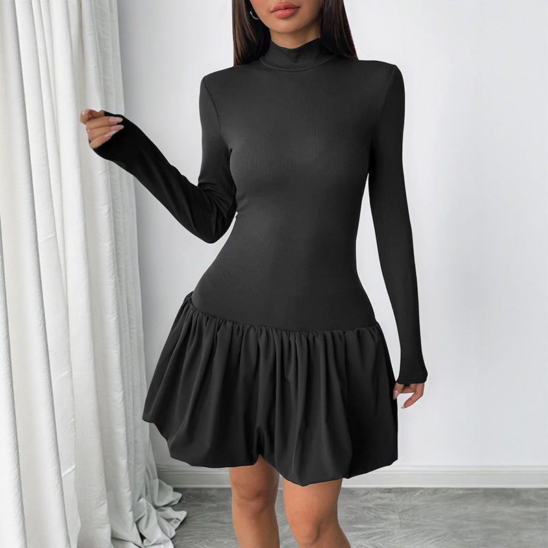 Damen figurbetontes Kleid mit Stehkragen und voluminösem Rock Stalluxe