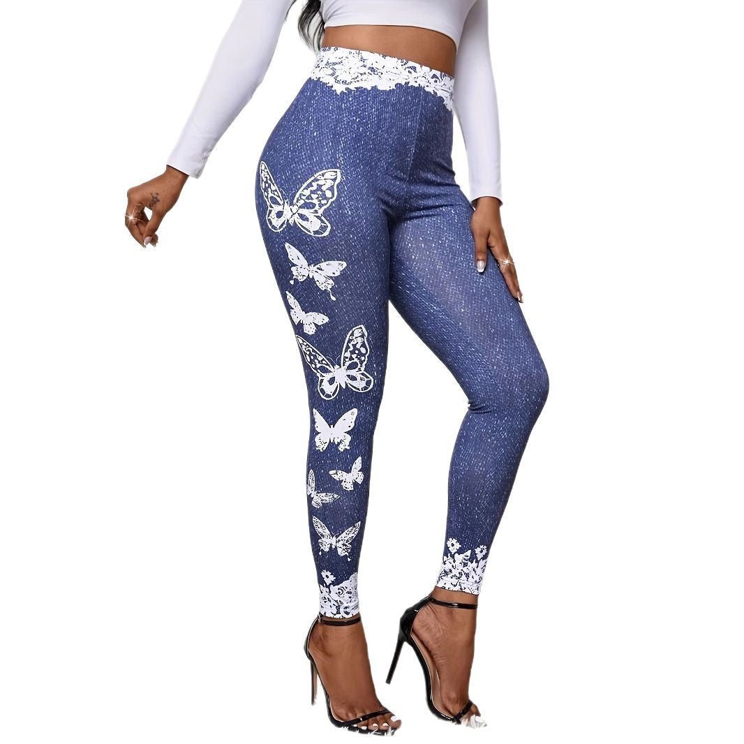 Damen Leggings mit floralem Spitzensaum und buntem Schmetterlingsdruck Stalluxe