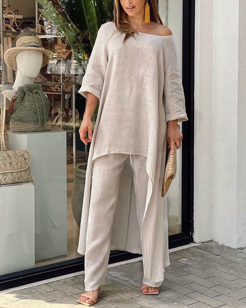 Women's Elegant Asymmetric Linen Tunic and Pants Set Stalluxe