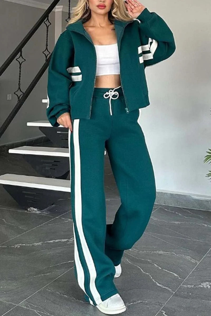 Damen modischer Sportanzug mit hohem Kragen und Kontraststreifen Stalluxe