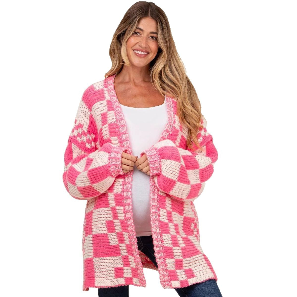 Damen Übergroße Karomuster-Strickjacke mit Taschen Stalluxe