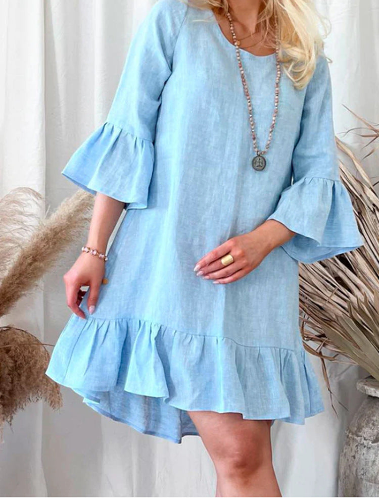 Damen Leichtes Leinenkleid mit Rüschendetails und weitem Schnitt Stalluxe