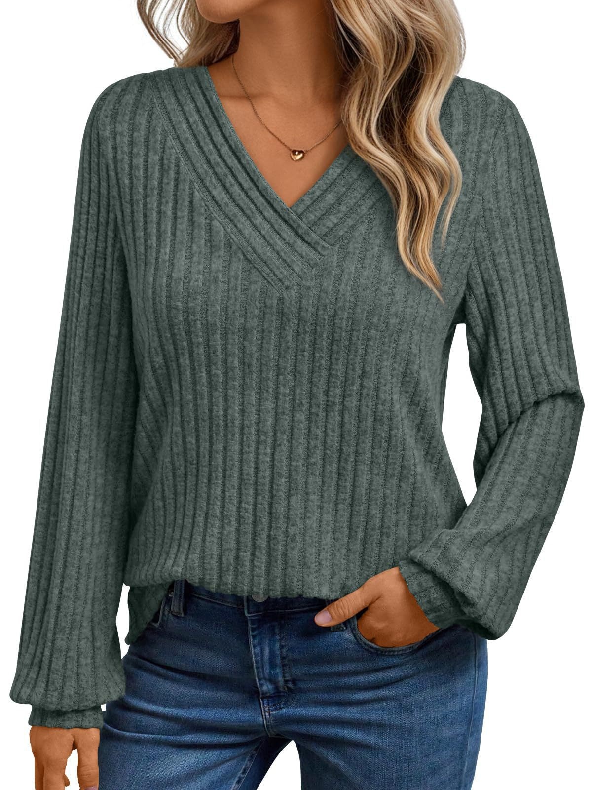 Damen gemütliches Langarmshirt mit strukturiertem V-Ausschnitt Stalluxe
