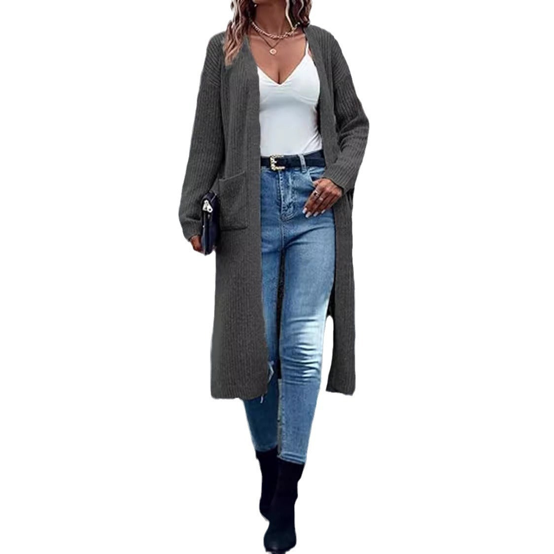 Damen Langer Strickcardigan mit tiefen Taschen und offenem Schnitt Stalluxe