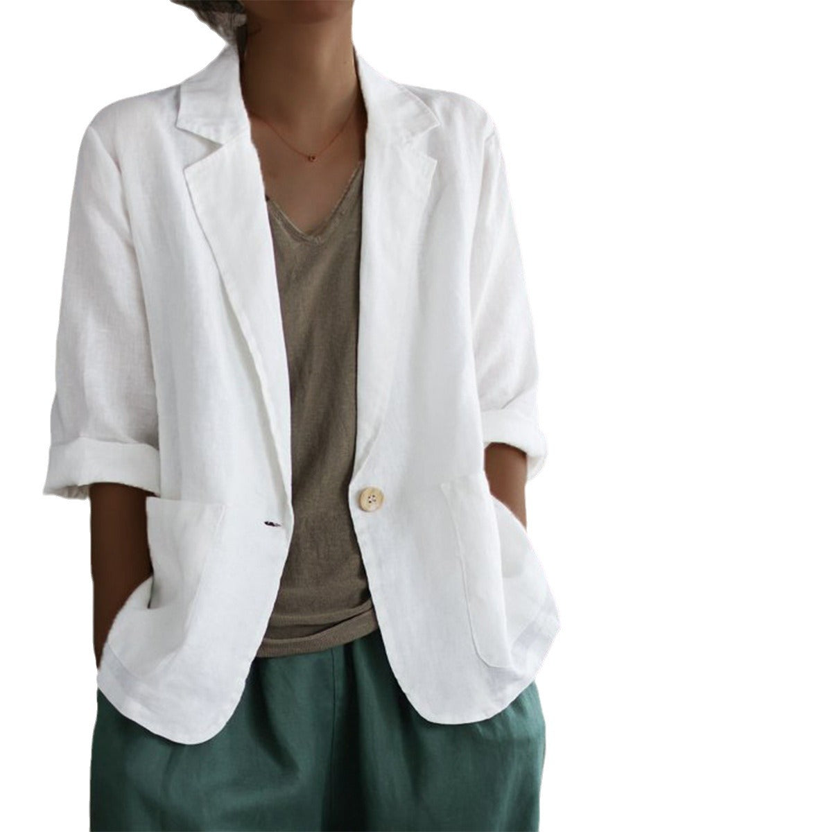 Damen Lässiger Leinenblazer mit breiten Ärmeln und Knopfverschluss Stalluxe