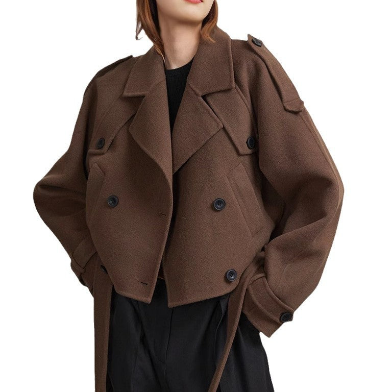 Damen lässige cropped Trenchjacke mit abnehmbaren Gürtel und großen Taschen Stalluxe