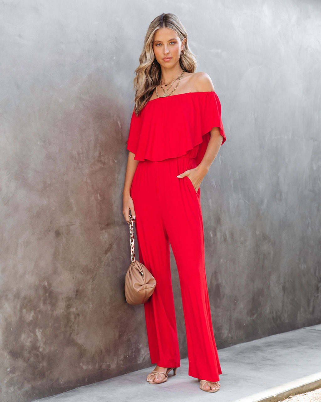 Damen Off-Shoulder Jumpsuit mit weitem Bein und elastischem Bund Stalluxe