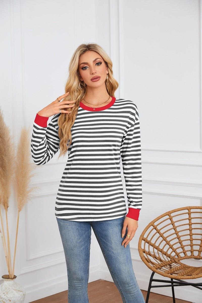Damen gestreiftes Langarmshirt mit Rundhalsausschnitt Stalluxe