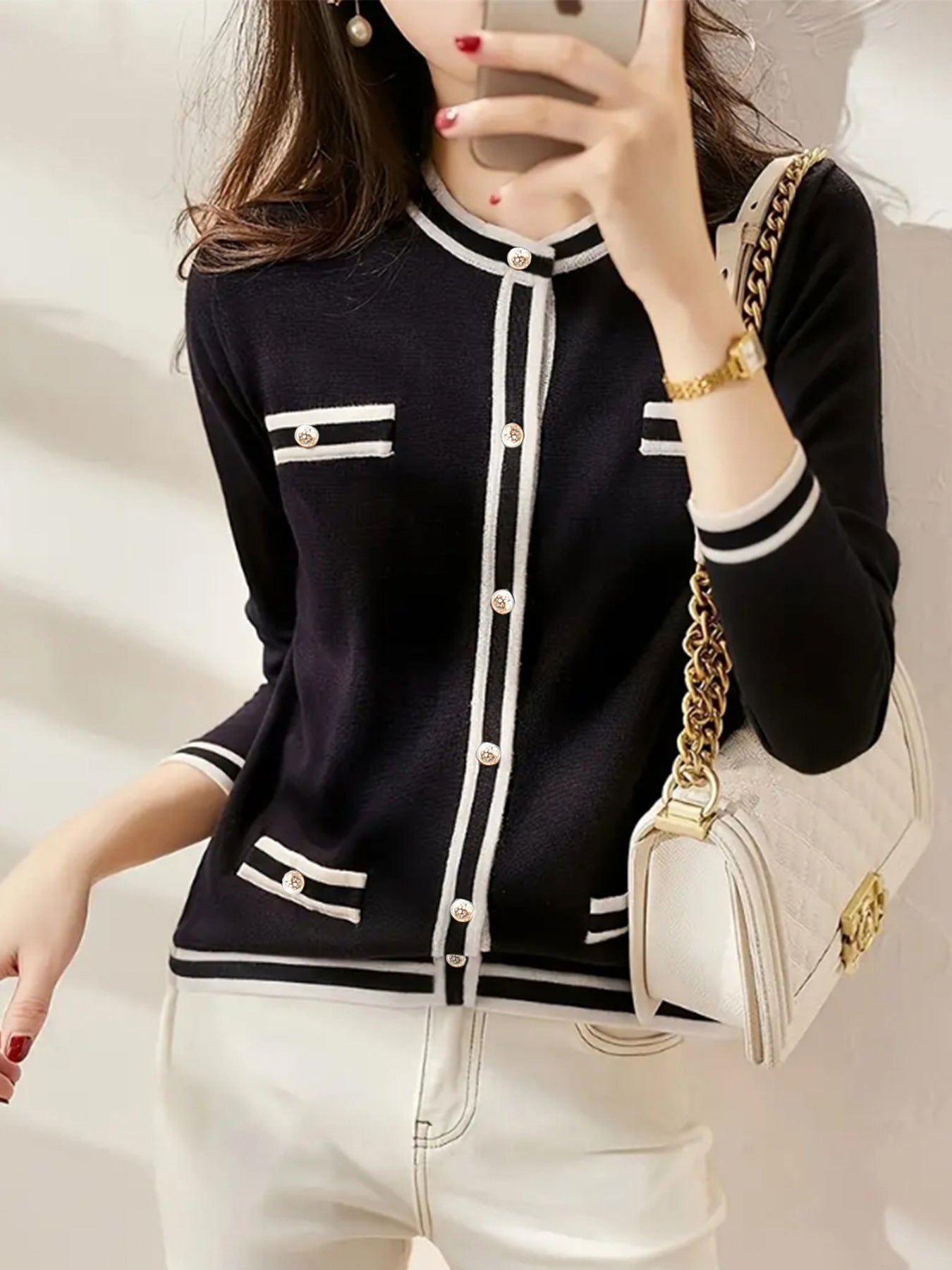Damen eleganter und bequemer Strickjacke mit Kontraststreifen Stalluxe