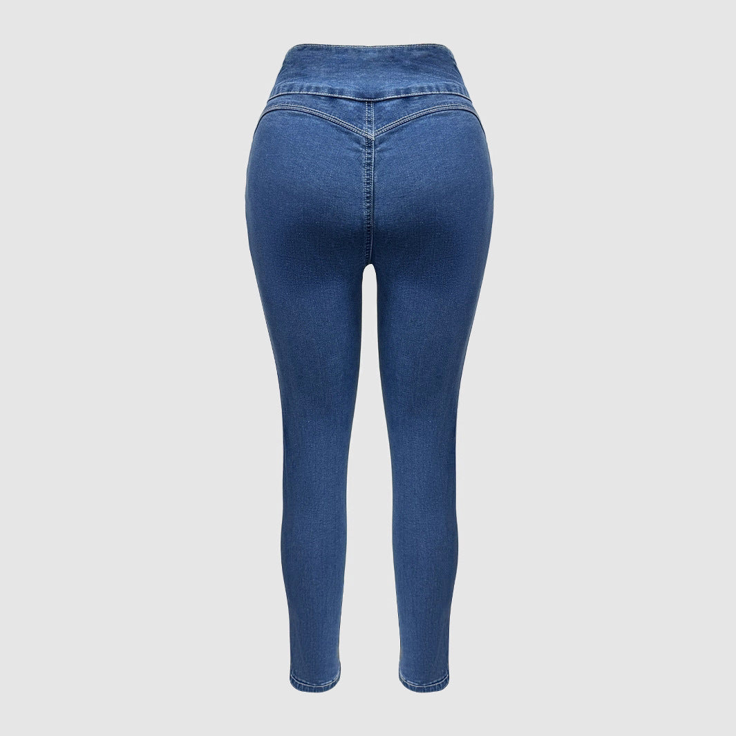 Damen Hochgeschnittene Skinny Jeans mit modischen Knopfdetails Stalluxe