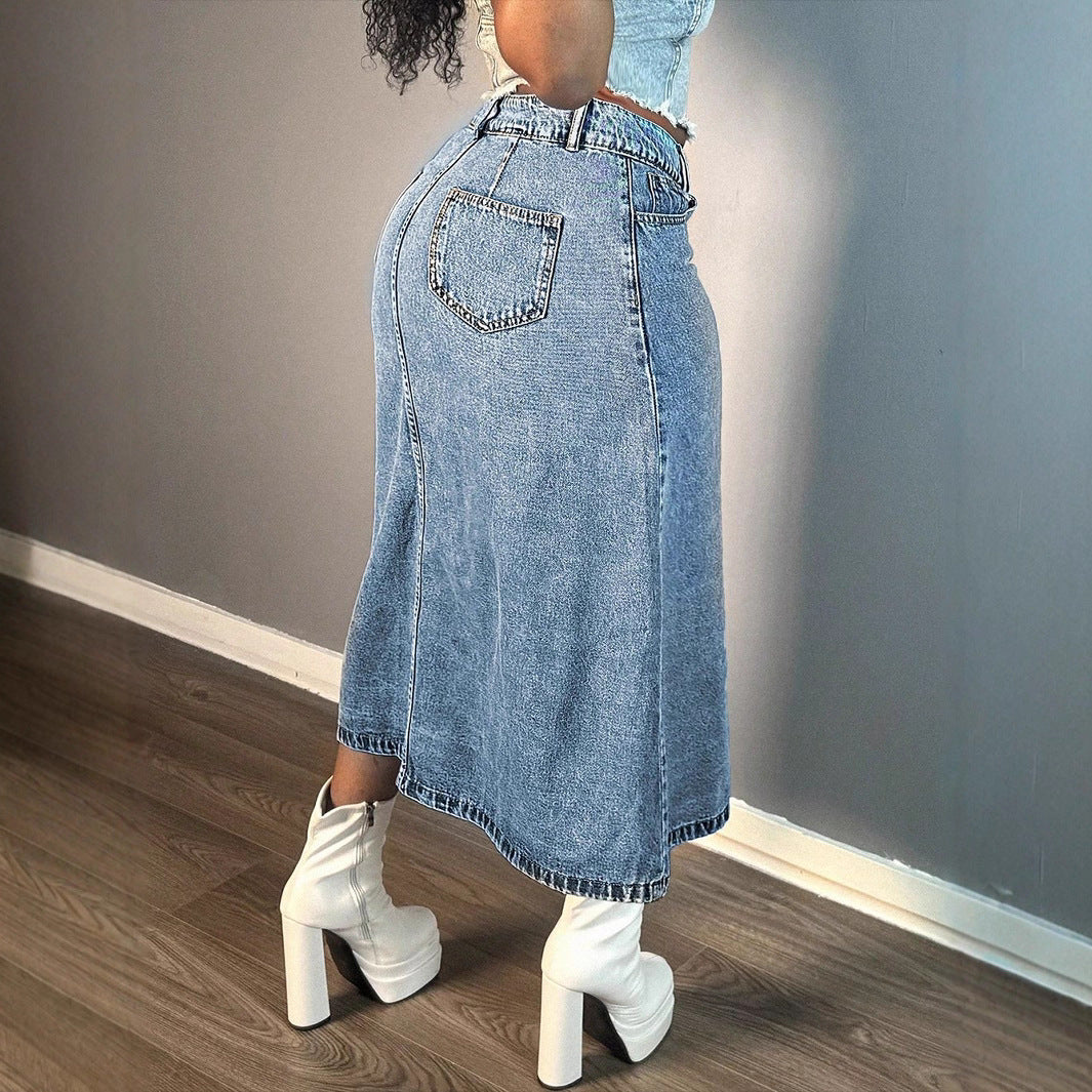 Damen Denim-Midirock mit Knopfverschluss und weitem Schnitt Stalluxe
