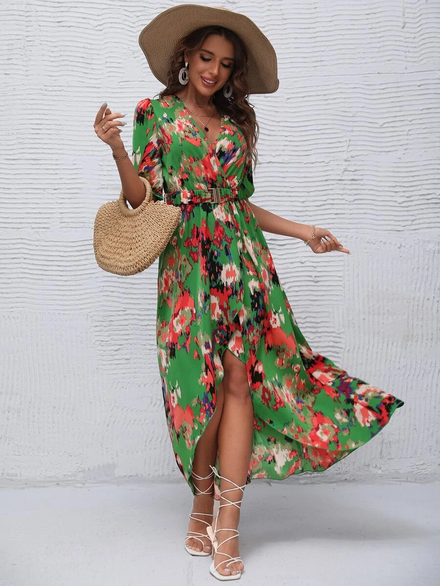 Damen Elegantes Maxikleid mit floralem Druck und Gürtel Stalluxe