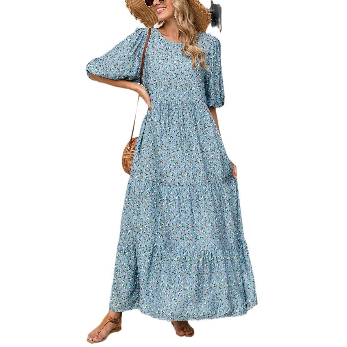 Damen Maxikleid mit nostalgischem Blumendruck und weiten Ärmeln Stalluxe
