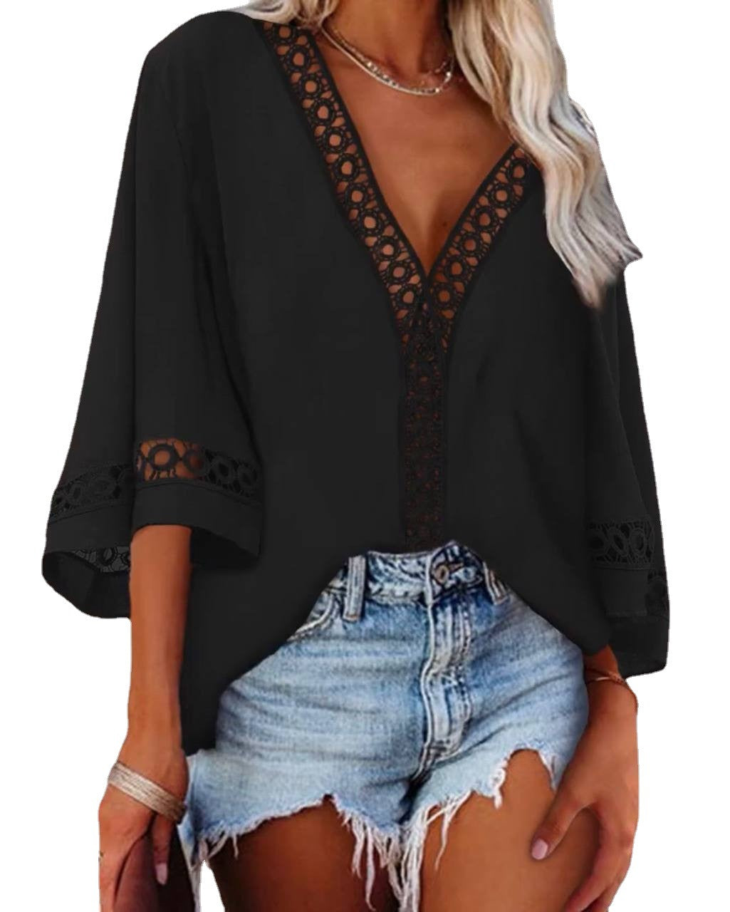 Damen Elegante Bluse mit Spitzen- und V-Ausschnitt Stalluxe
