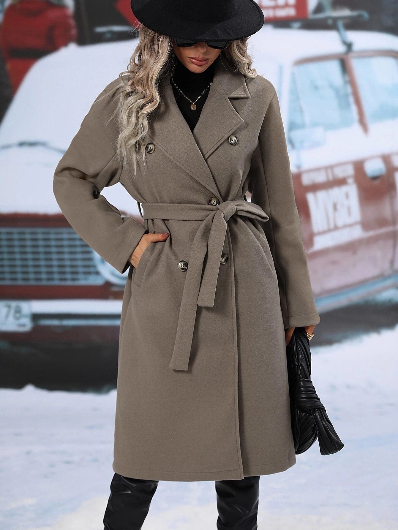 Damen eleganter Wollmantel mit doppelter Knopfleiste und Taillengürtel Stalluxe