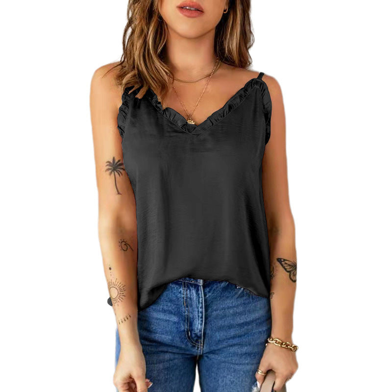 Damen lässiges Spaghetti-Top mit Rüschendetails und V-Ausschnitt Stalluxe