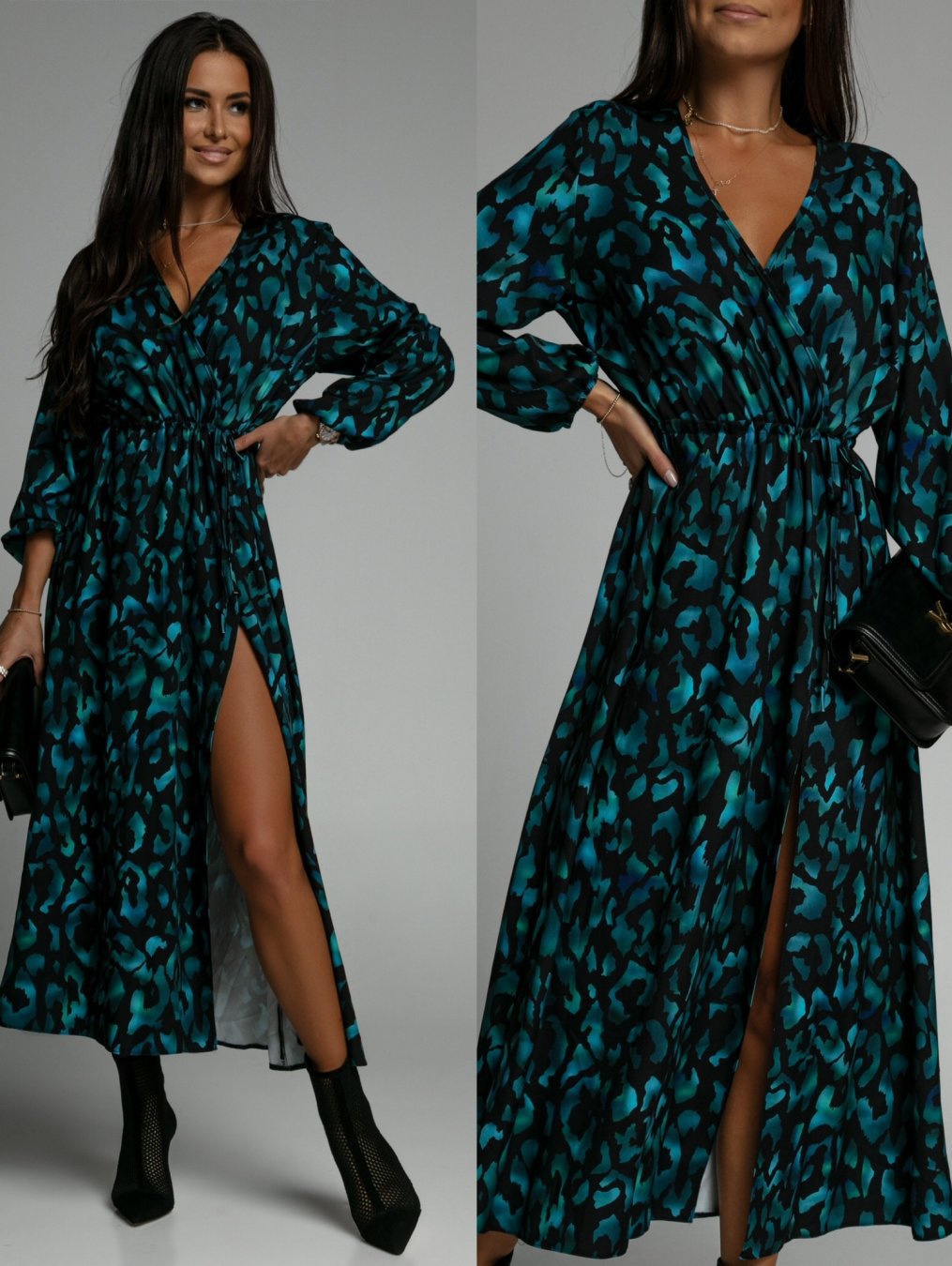 Damen Maxikleid mit tiefem Schlitz und Bindegürtel Stalluxe