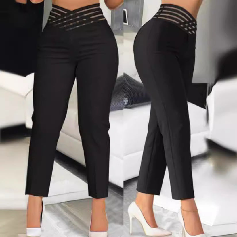 Damen stylische High-Waist Hosen mit transparentem Gitterbund Stalluxe