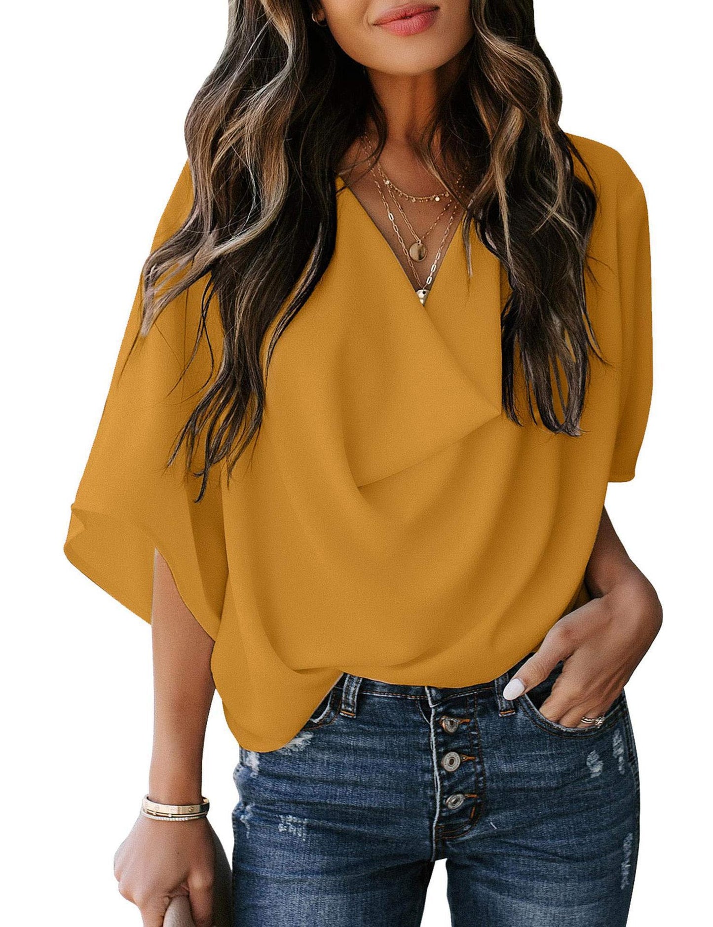 Damen elegante Bluse mit drapiertem V-Ausschnitt und weit geschnittenen Ärmeln Stalluxe