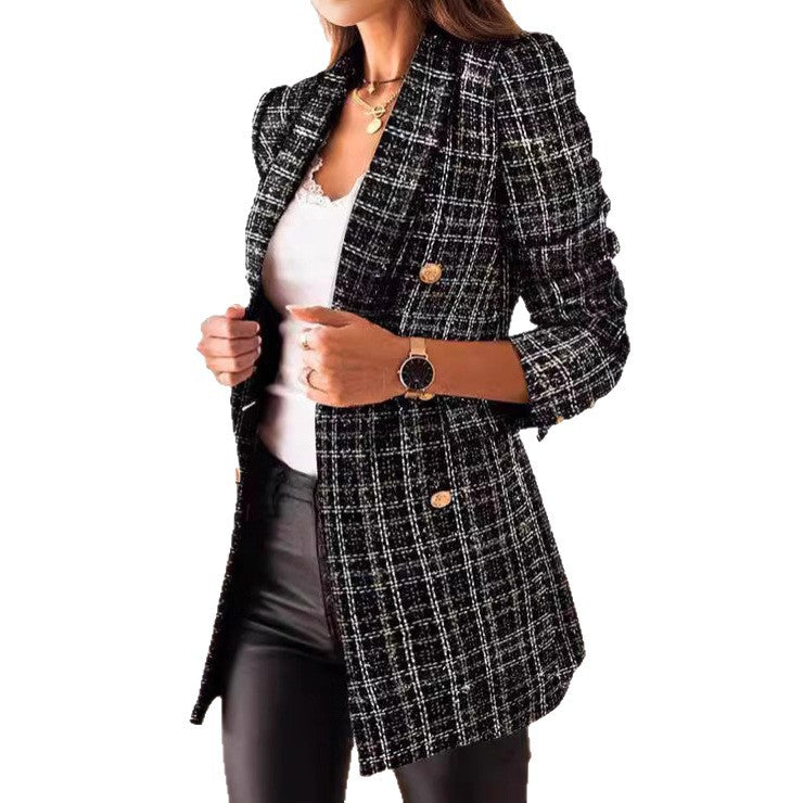 Damen Elegante Tweed-Blazerjacke mit tailliertem Schnitt und Knopfdetail Stalluxe