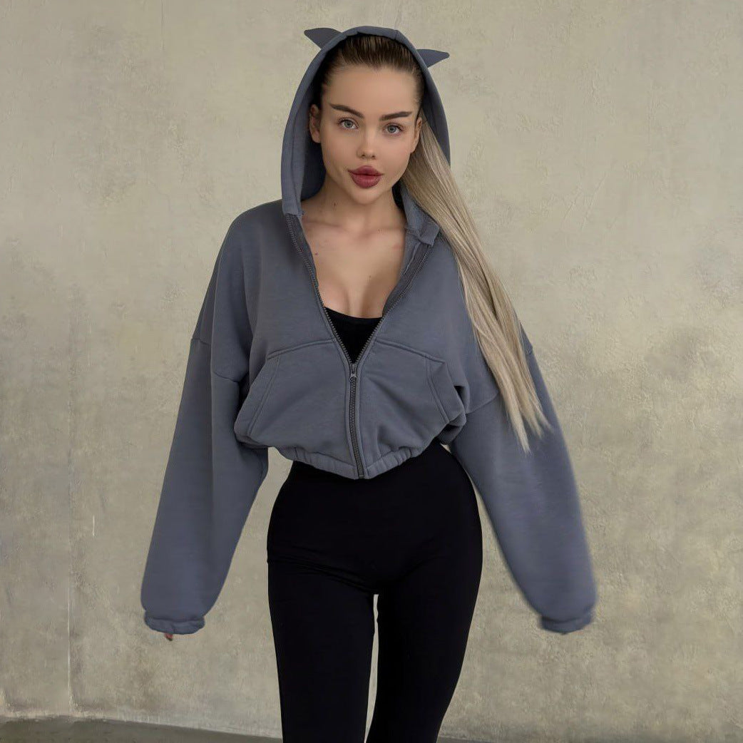 Damen cropped Kapuzenjacke mit einzigartigem Ohren-Design Stalluxe