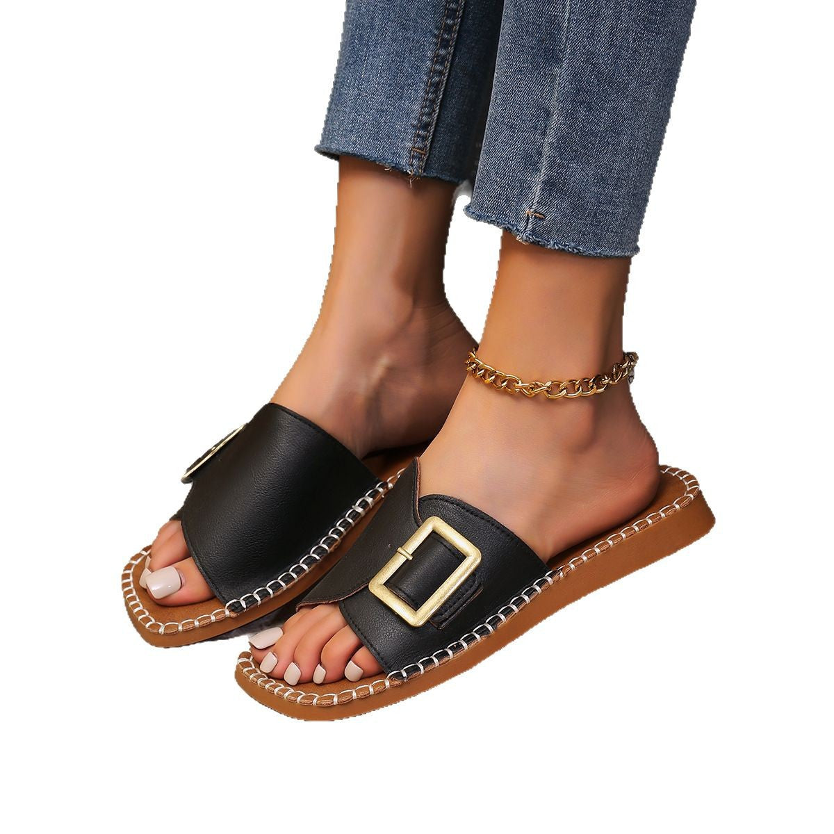 Damen Riemen-Pantoletten aus hochwertigem Leder mit modischer Schnalle Stalluxe