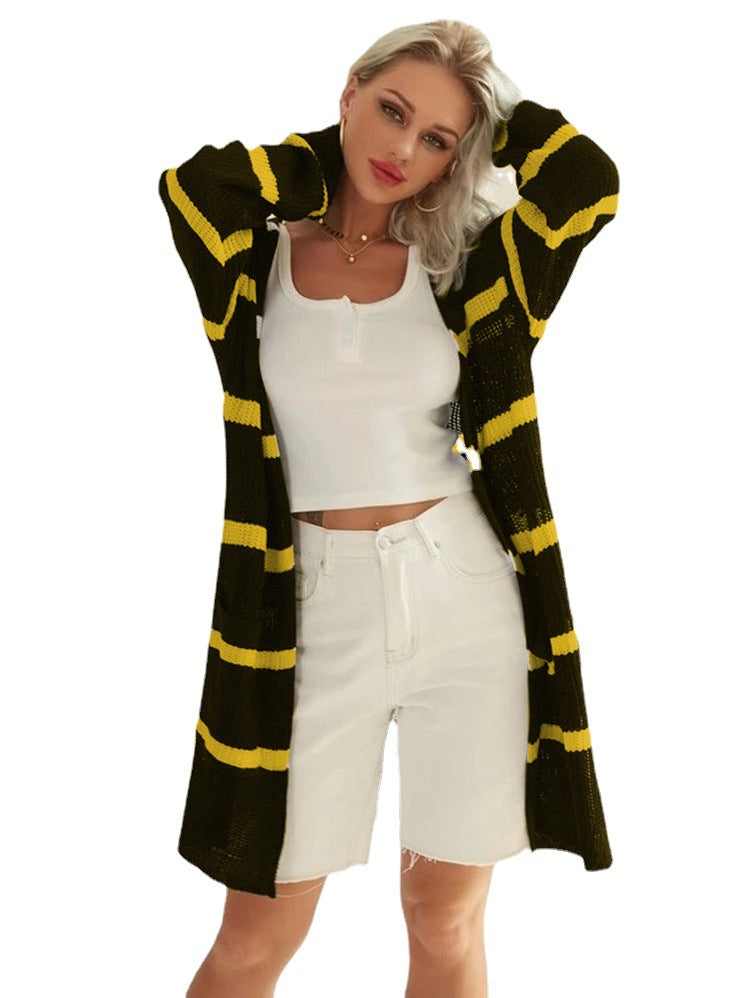 Damen Langer Strickcardigan mit Streifenmuster und offenem Design Stalluxe