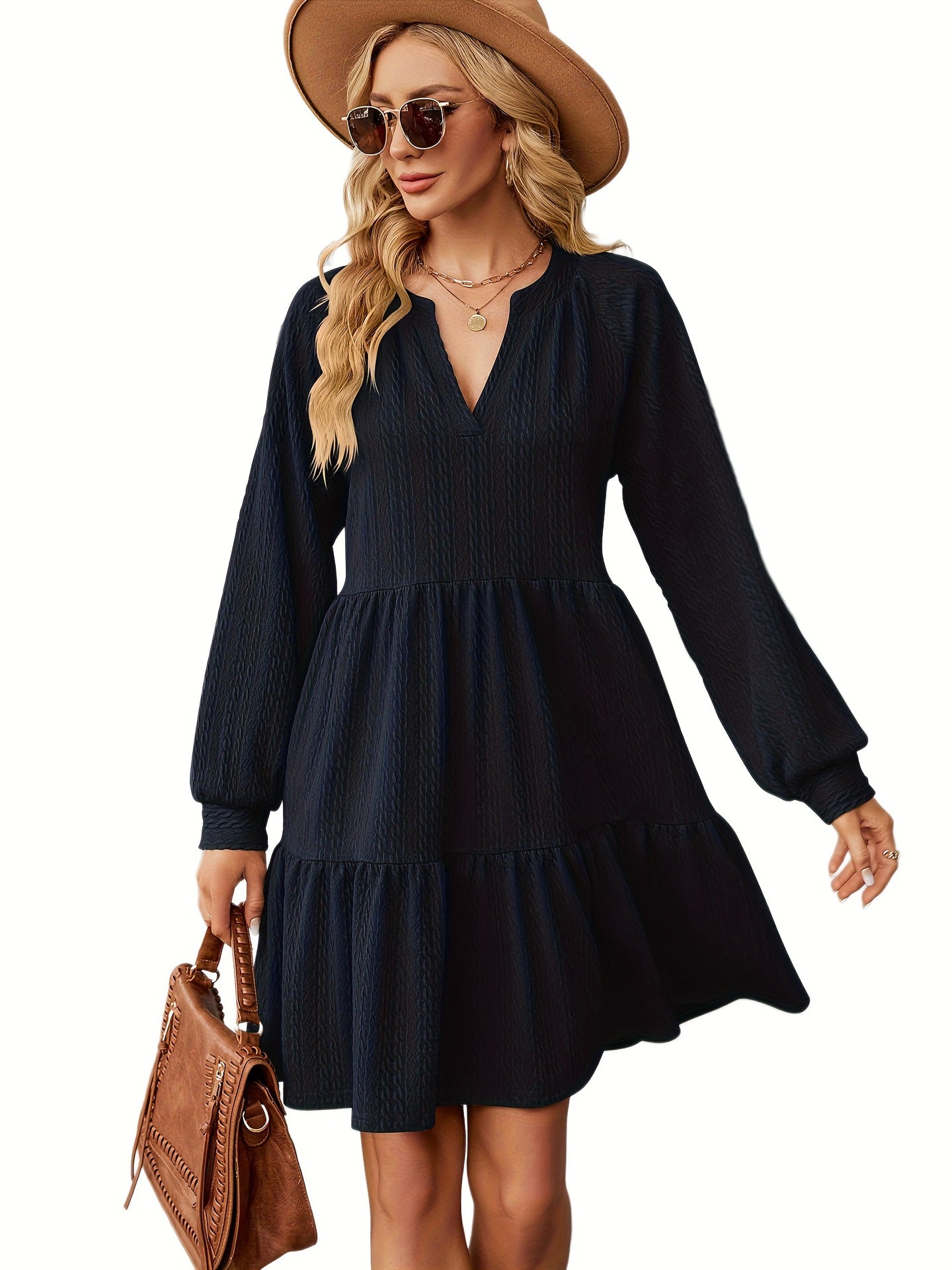 Damen lässiges V-Ausschnitt Kleid mit voluminösen Ärmeln und Stufenrand Stalluxe